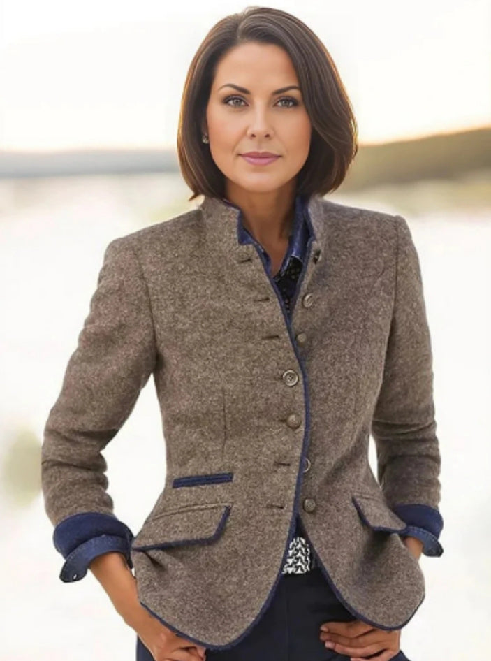 Eleganter Damen Wollmix Blazer mit Stehkragen und Kontrastdetails – Herbststil