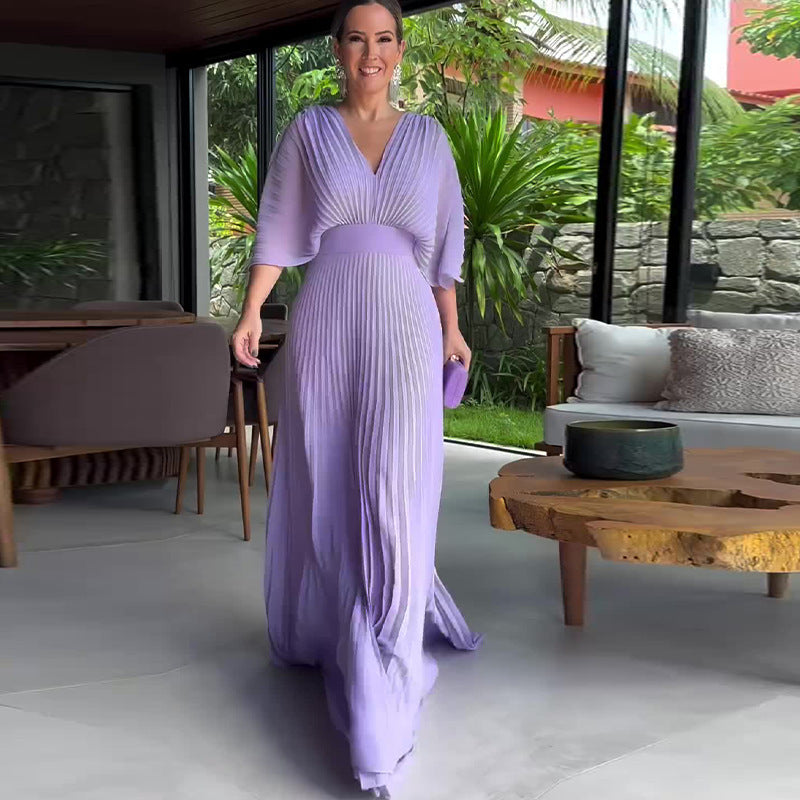 Renata - Magenta gefaltetes Maxikleid