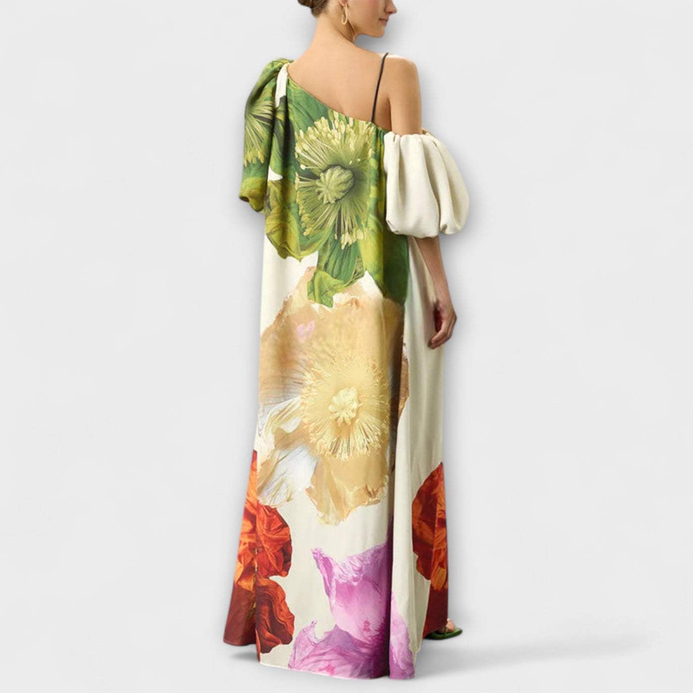 Skylar - Floral Print Maxi Dress with Asymmetrical Neckline and Puff Sleeves