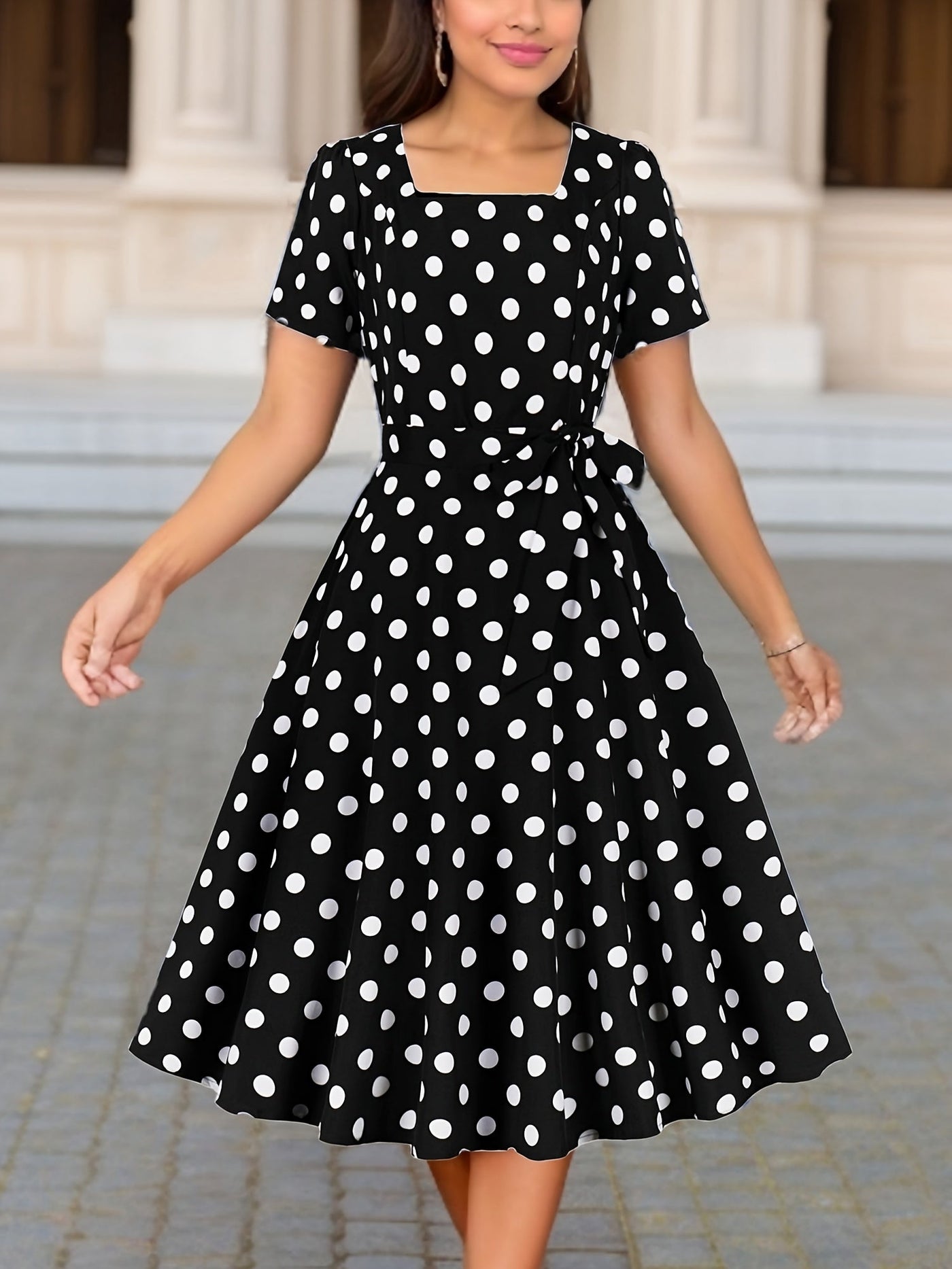Elegantes Polka-Dot-Sommerkleid – Karree-Ausschnitt, Kurzarm, Figurschmeichelnd