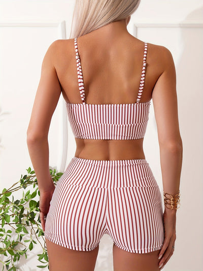 Gestreifter Tankini – Bedrucktes BH-Oberteil mit Kordelzug, geraffte High-Waist Boxershorts