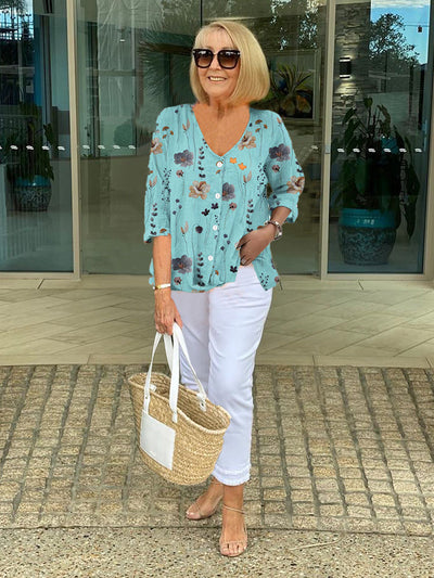 Barbara™ | Baumwolle und Leinen Blumenmuster Top