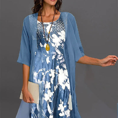 Damen Elegantes Zweiteiliges Chiffon Kleid Set – A-Linienkleid mit Halbarm und Offener Jacke, Perfekt für Alltag und besondere Anlässe