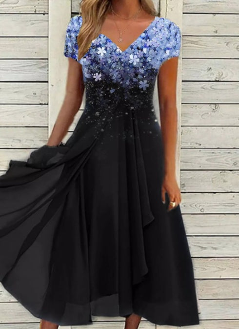 Damen A-Linien Chiffonkleid mit Blumendruck und V-Ausschnitt – Elegantes Sommerkleid für festliche Anlässe