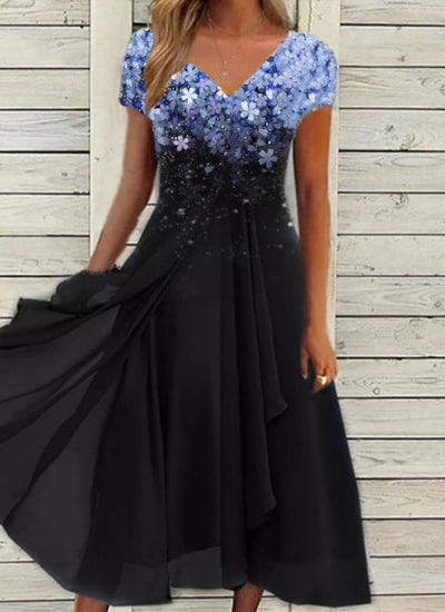 Damen A-Linien Chiffonkleid mit Blumendruck und V-Ausschnitt – Elegantes Sommerkleid für festliche Anlässe
