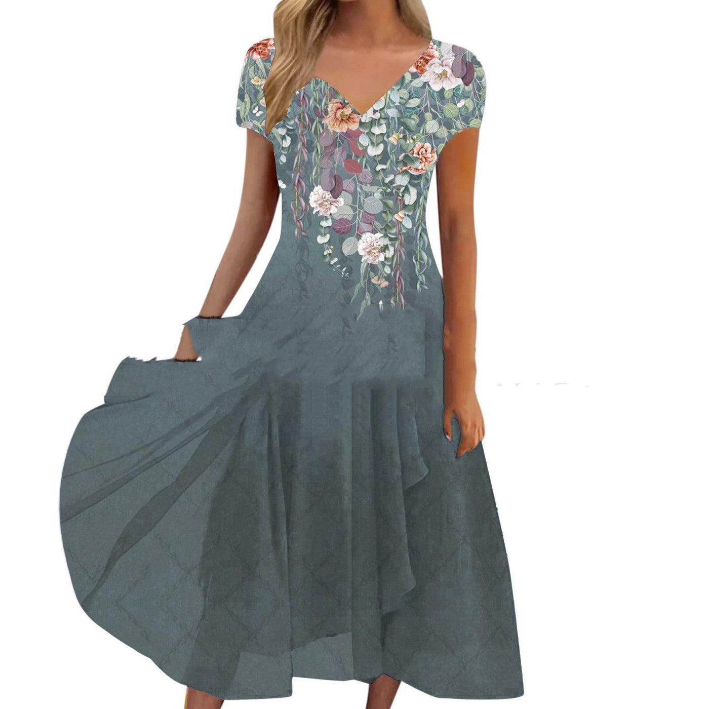 Damen A-Linien Chiffonkleid mit Blumendruck und V-Ausschnitt – Elegantes Sommerkleid für festliche Anlässe