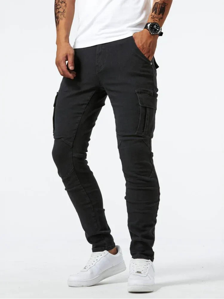 Ezaro - Herren Slim Fit Denim Cargo Jeans