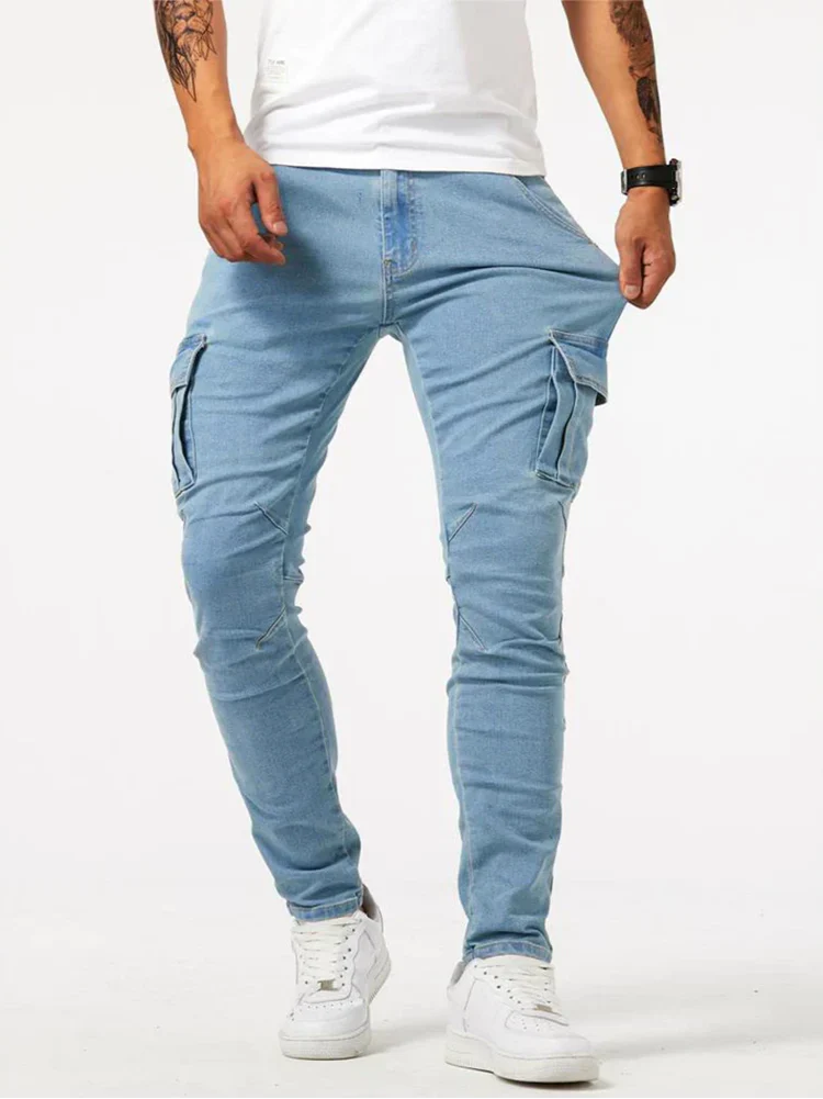 Ezaro - Herren Slim Fit Denim Cargo Jeans