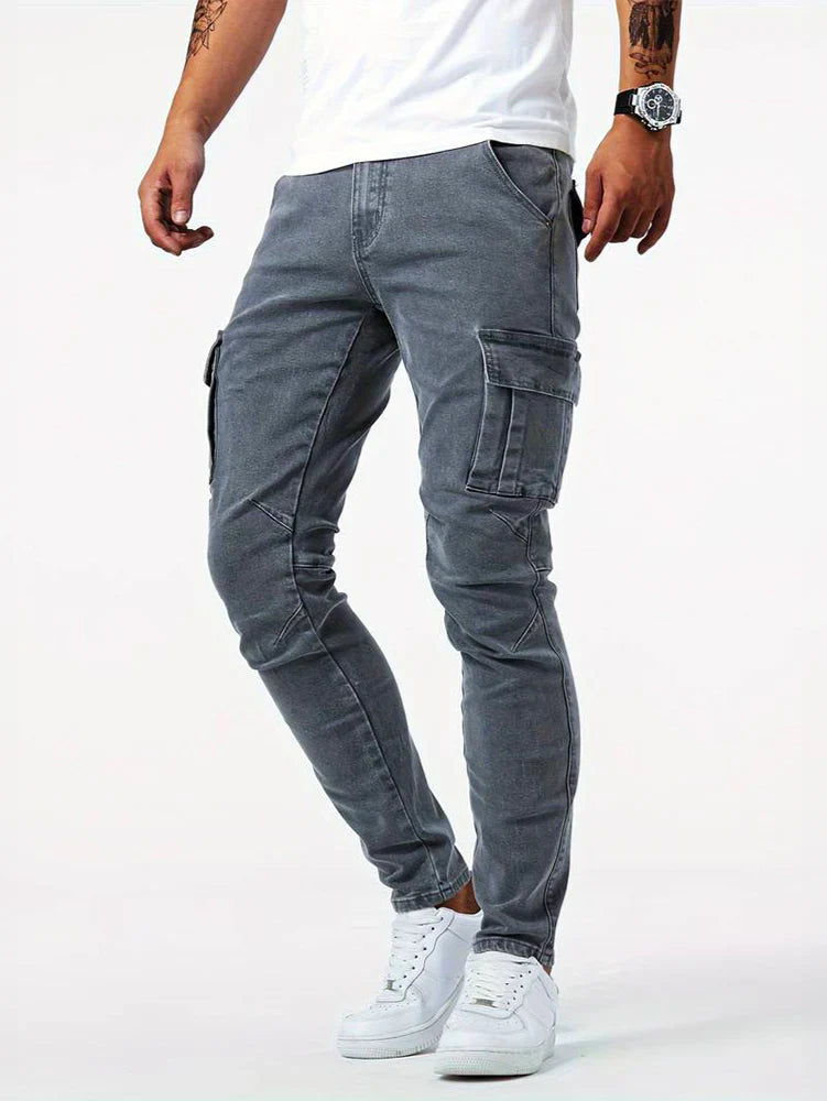 Ezaro - Herren Slim Fit Denim Cargo Jeans