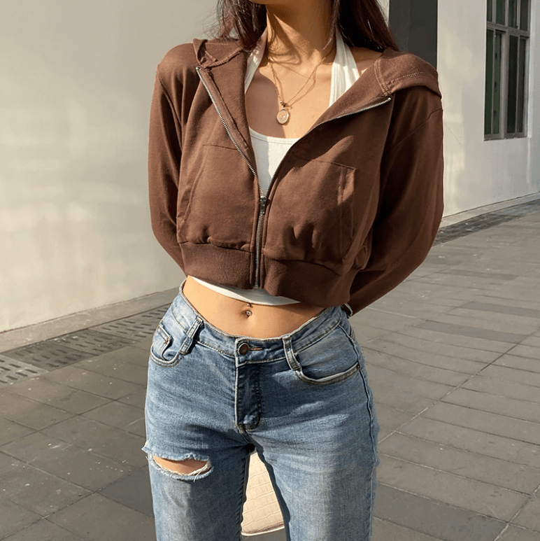 Trendige Figurbetonte Damen Cropped Zip-Up Hoodie mit Kapuze – Alina