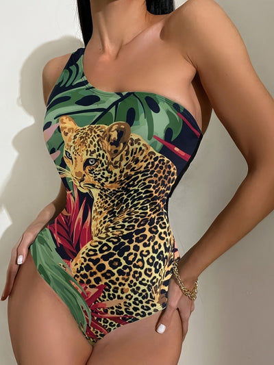 Leoparden-Badeanzug – Einteiler mit tropischem Print & Schulterdetail
