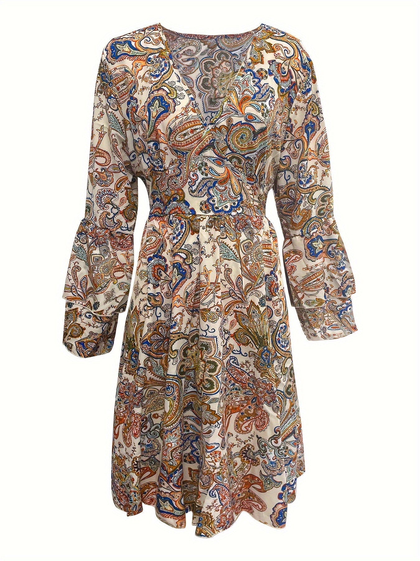 Paisley Kleid Damen – V-Ausschnitt A-Linie Sommerkleid mit Lagenärmeln
