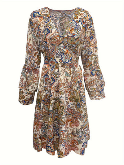 Paisley Kleid Damen – V-Ausschnitt A-Linie Sommerkleid mit Lagenärmeln