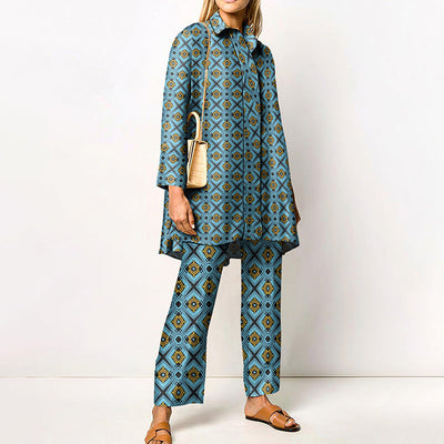 Damen Zweiteiler Set mit grafischem Muster – Eleganter Freizeitanzug für Büro & Alltag