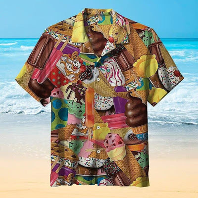 Herren Hawaiianhemd Eiscreme-Print Retro Sommer Strand Freizeitshirt