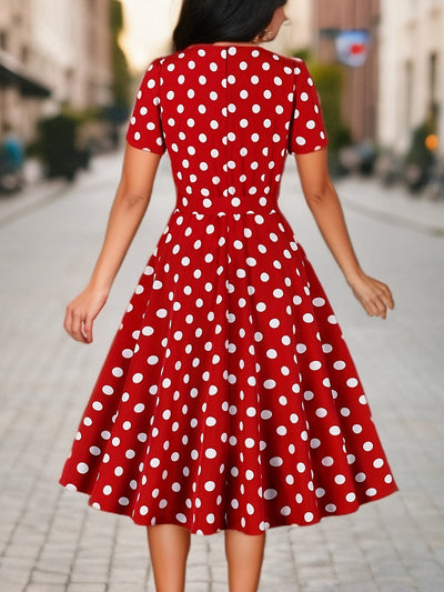 Elegantes Polka-Dot-Sommerkleid – Karree-Ausschnitt, Kurzarm, Figurschmeichelnd