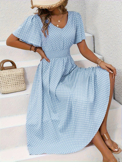 Polka Dot Sommerkleid Damen – Luftiges V-Ausschnitt Midi-Kleid