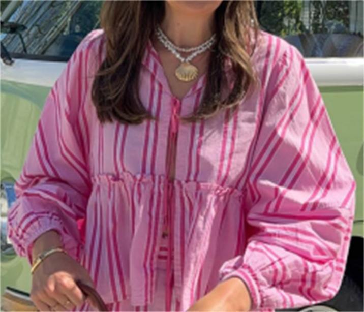 Anne – Gestreiftes Rüschentop mit Schnürung und Laternenärmeln