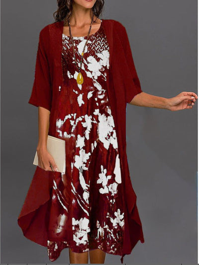 Damen Elegantes Zweiteiliges Chiffon Kleid Set – A-Linienkleid mit Halbarm und Offener Jacke, Perfekt für Alltag und besondere Anlässe