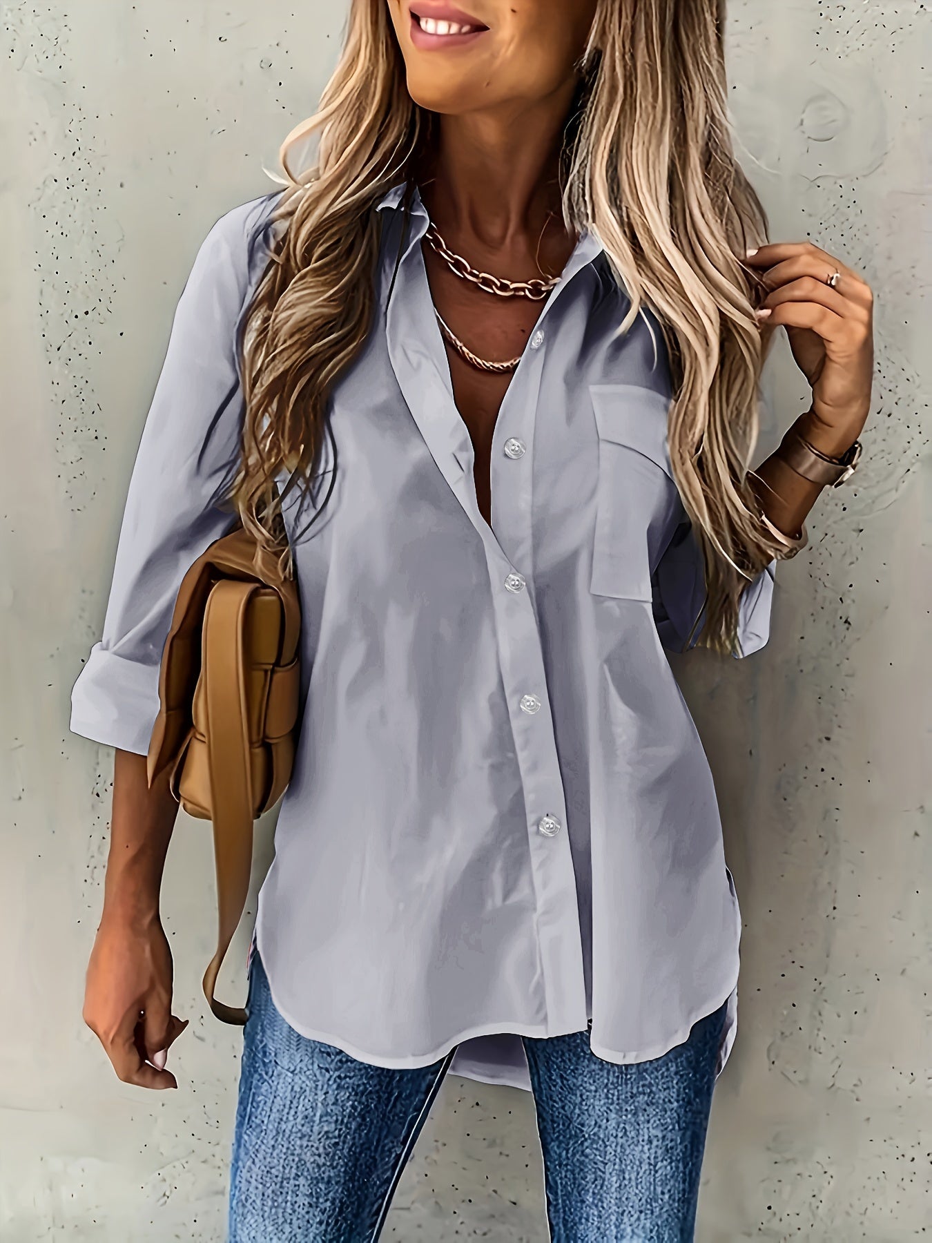 Langarm Hemd, Schlichter Hemd mit Knopfleiste Lässig