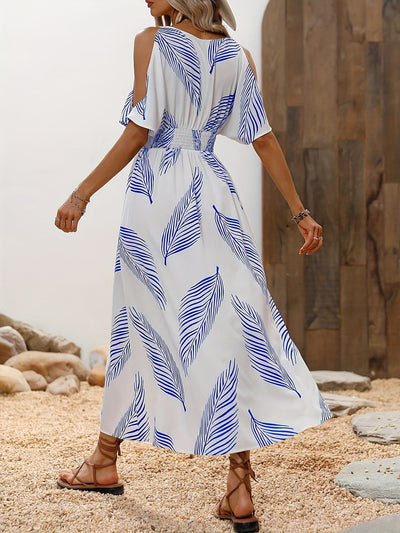 Florales Blusenkleid aus Polyester V-Ausschnitt, Hohe Taille Luftiges Design