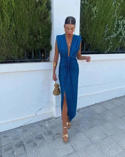 Damen Maxikleid mit V-Ausschnitt und Raffungen