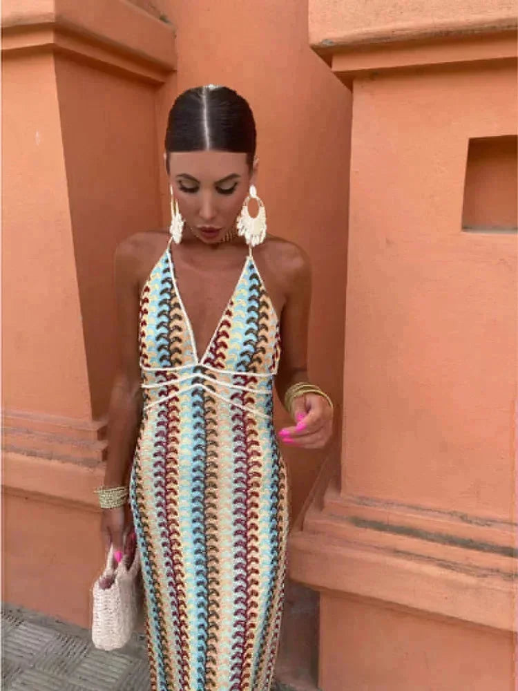 Damen Maxikleid mit Zickzackmuster und Halsschnürung