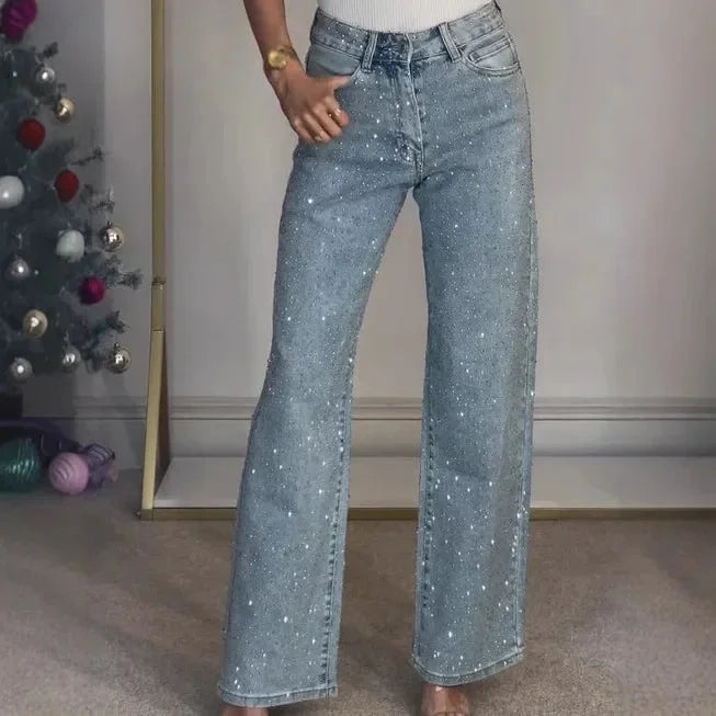 Damen High Waist Wide Leg Jeans mit Strass-Steinen