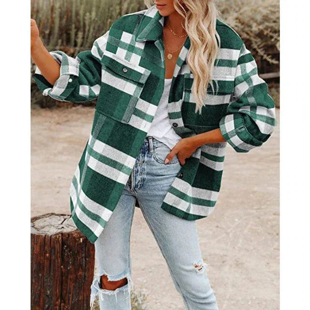 Damen Plaid Übergangsjacke in Übergröße mit Taschen