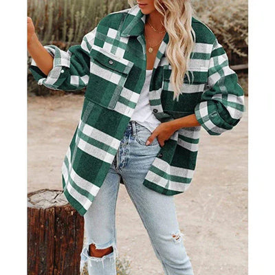Damen Plaid Übergangsjacke in Übergröße mit Taschen