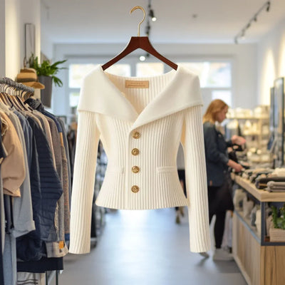 Damen Strickjacke mit breitem Kragen und Knöpfen