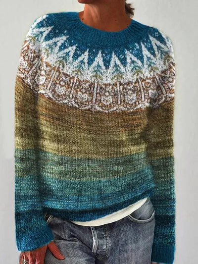 Damen Strickpullover mit Rundhalsausschnitt und Norwegermuster
