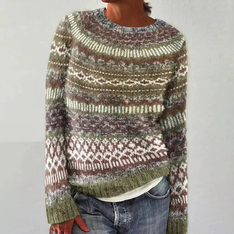 Damen Strickpullover mit Rundhalsausschnitt und Norwegermuster