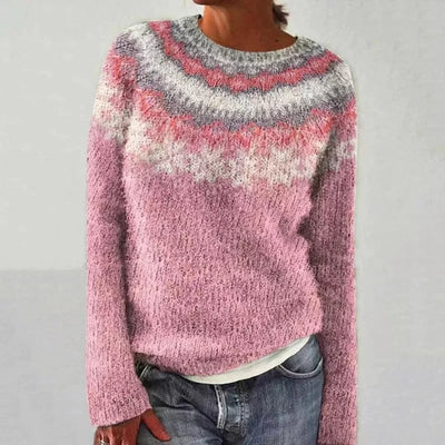 Damen Strickpullover mit Rundhalsausschnitt und Norwegermuster