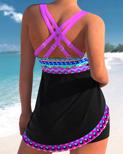 Damen Tankini mit buntem Muster und Schnürdetails