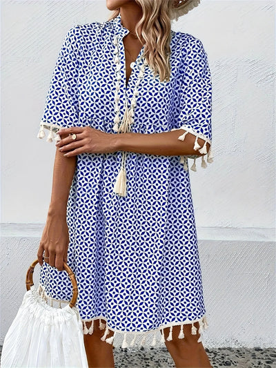 Damen Tunika Minikleid mit Quasten in weiß und blauem Muster