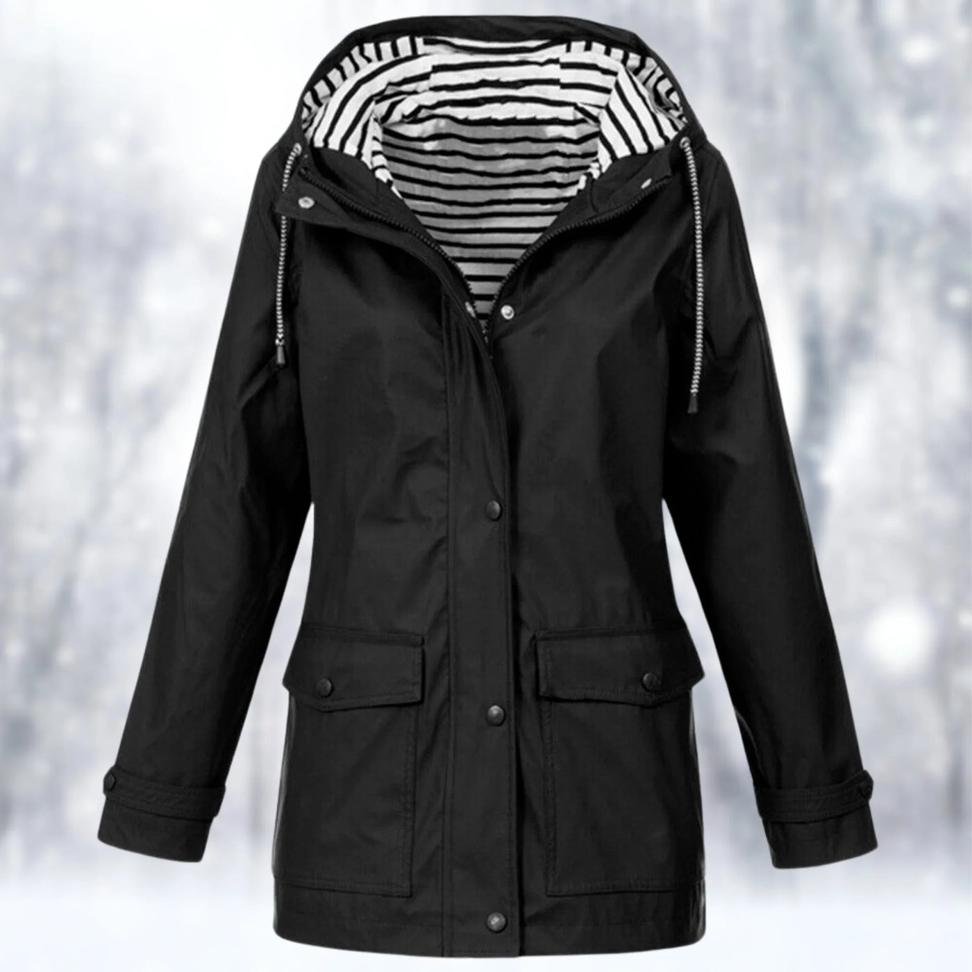 Damen Regenjacke mit Kapuze Schwarz Wasserdicht
