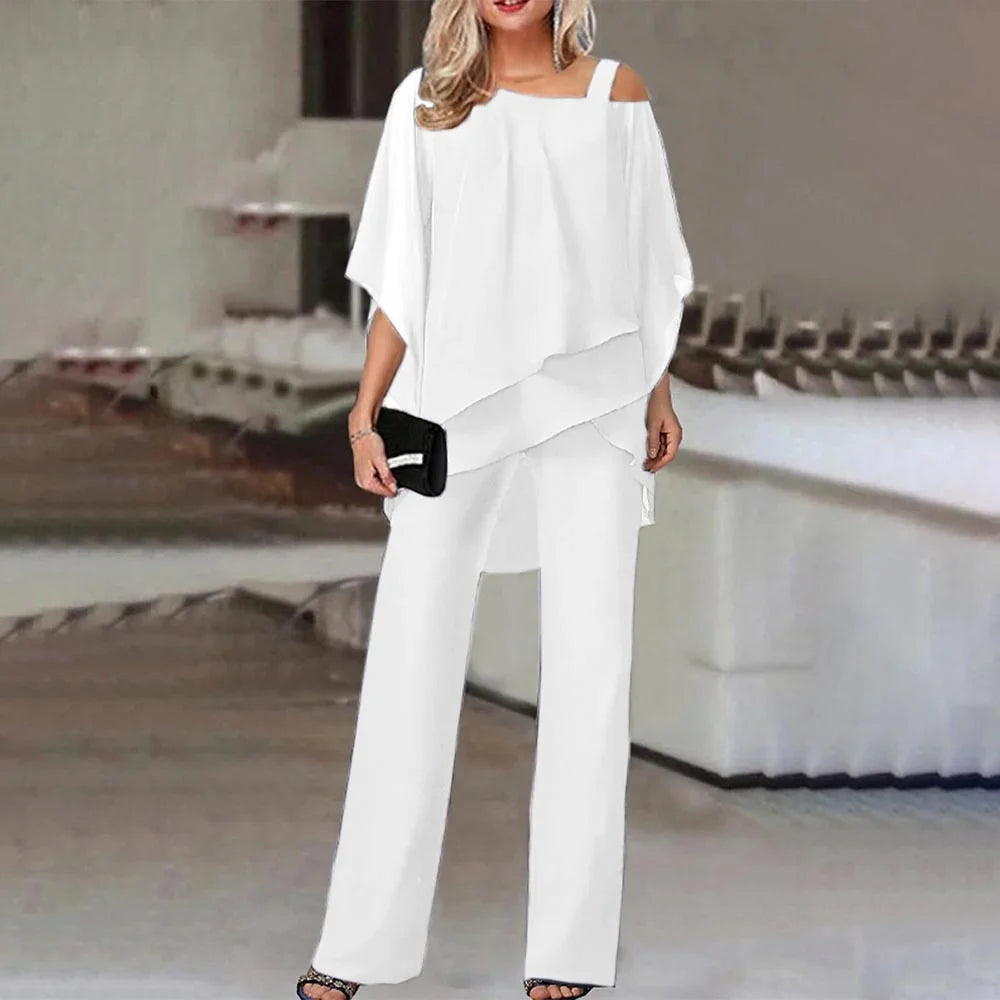 Damen Zweiteiler mit Cold-Shoulder-Bluse und weiten Hosen