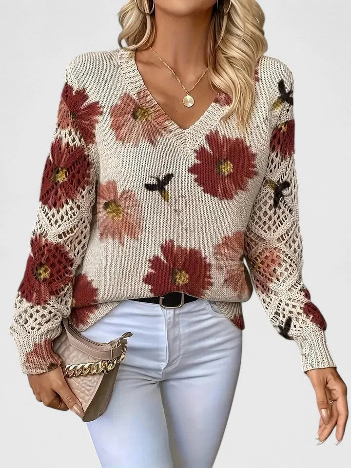 Damenpullover mit Floralmuster und V-Ausschnitt