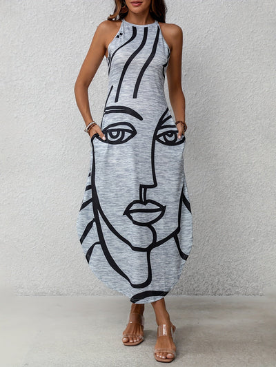 Damen Maxikleid Sommer Schulterfrei Abstrakt, Grau mit Taschen