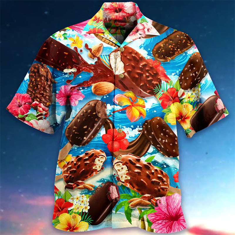 Herren Hawaiianhemd Eiscreme-Print Retro Sommer Strand Freizeitshirt