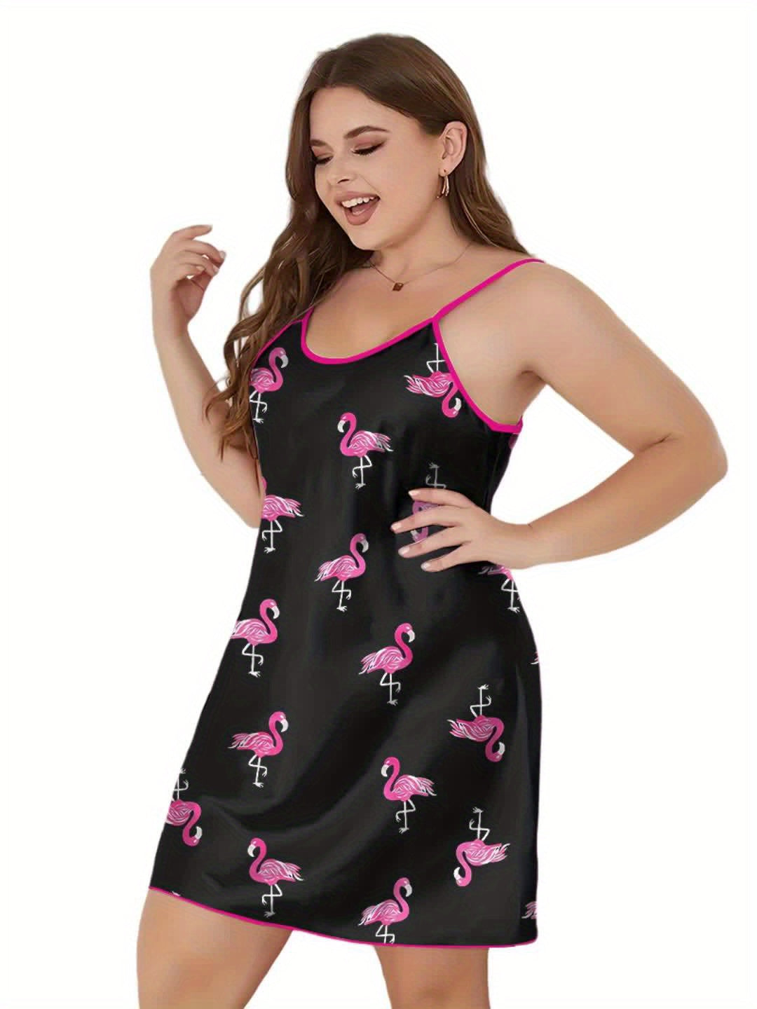 Plus Size Damen Satin Slip Kleid – Flamingo-Druck, Ärmellos, Rosa Besatz, Maschinenwaschbar