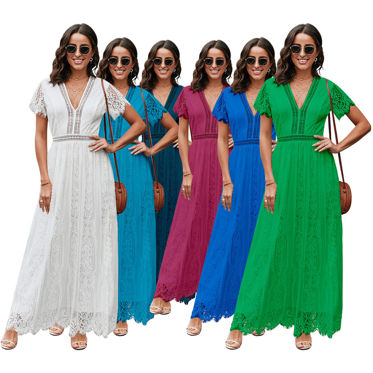 Rose – Spitzenkleid mit Kurzen Ärmeln und Langem Schnitt