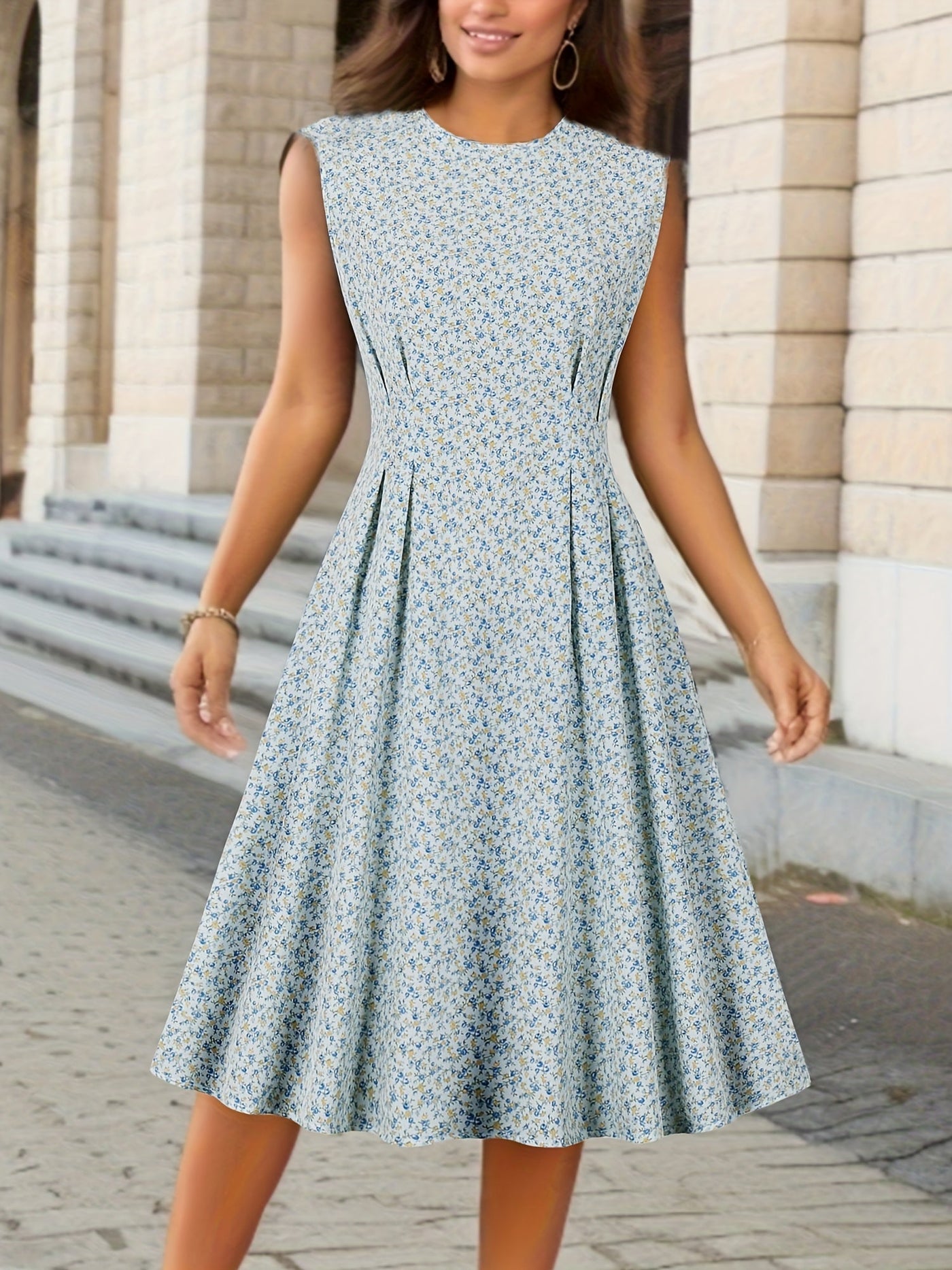 Elegantes Sommerkleid – Ärmelloses A-Linien-Midikleid mit Blumenmuster