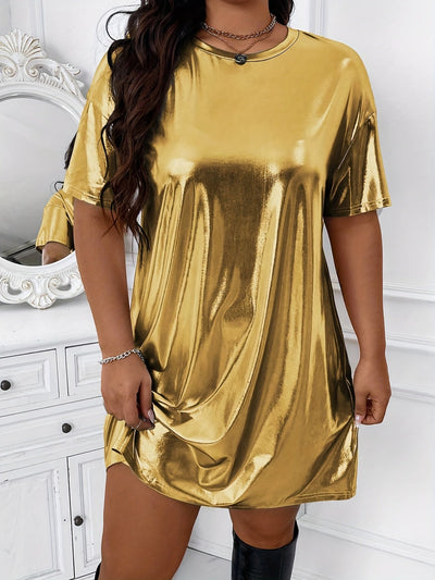 Modisches T-Shirt-Kleid – Einfarbig, Metallic-Look, Drop-Schulter, Lässig und Bequem