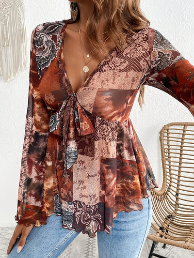 Elegantes Paisley-Kleid – V-Ausschnitt, Langarm & Leichtes Mesh