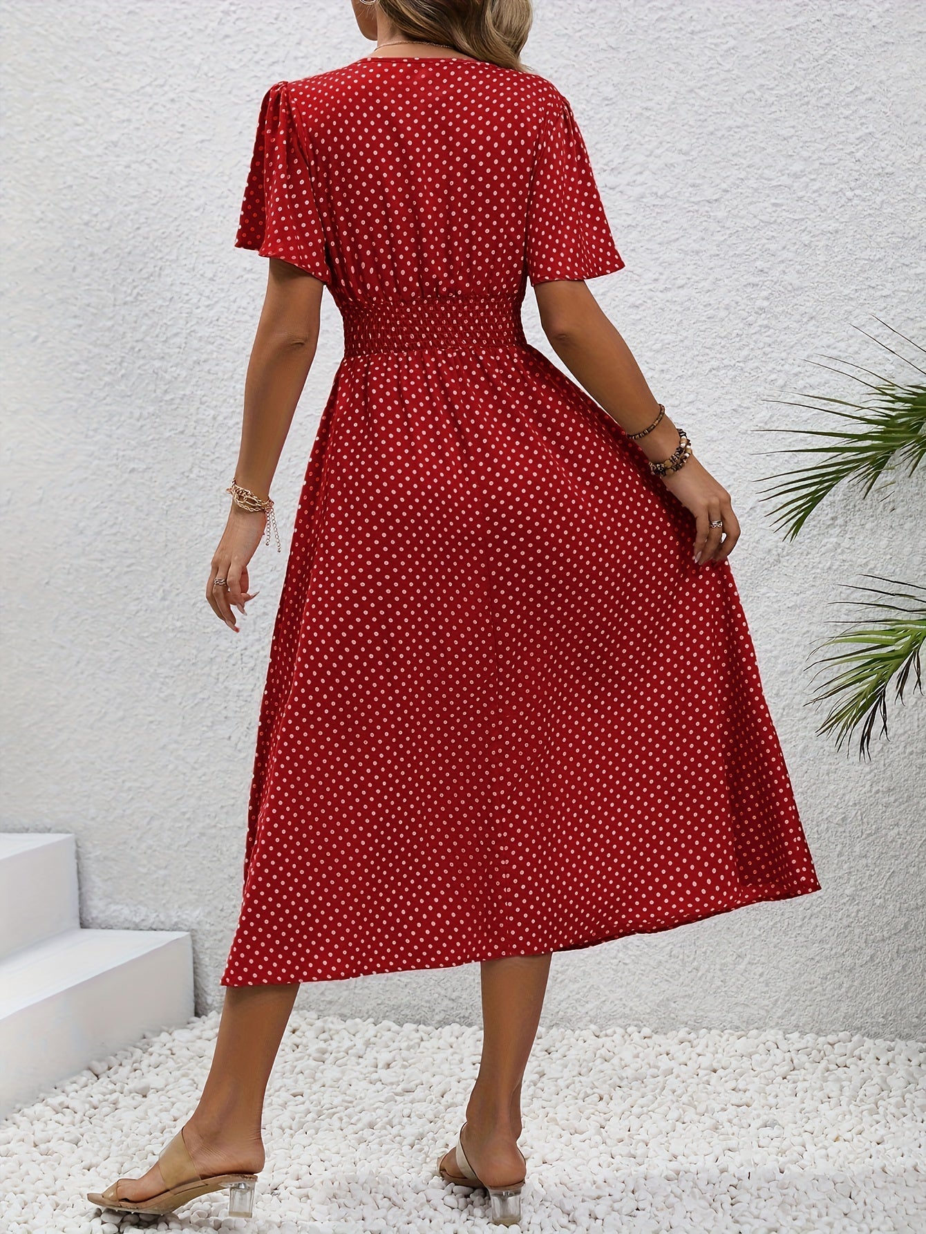 Polka Dot Sommerkleid Damen – Luftiges V-Ausschnitt Midi-Kleid