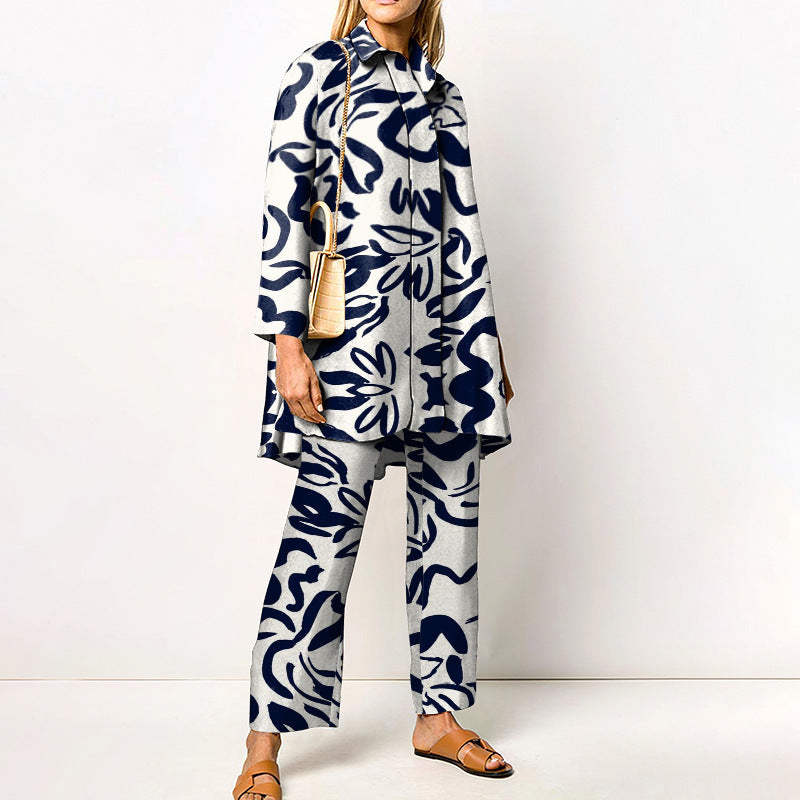 Damen Zweiteiler Set mit grafischem Muster – Eleganter Freizeitanzug für Büro & Alltag