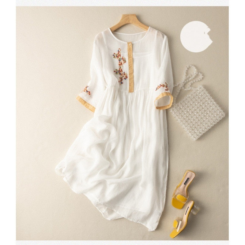 Lisa – Künstlerisches Ethno-Kleid aus Leinen und Baumwolle mit Stickerei