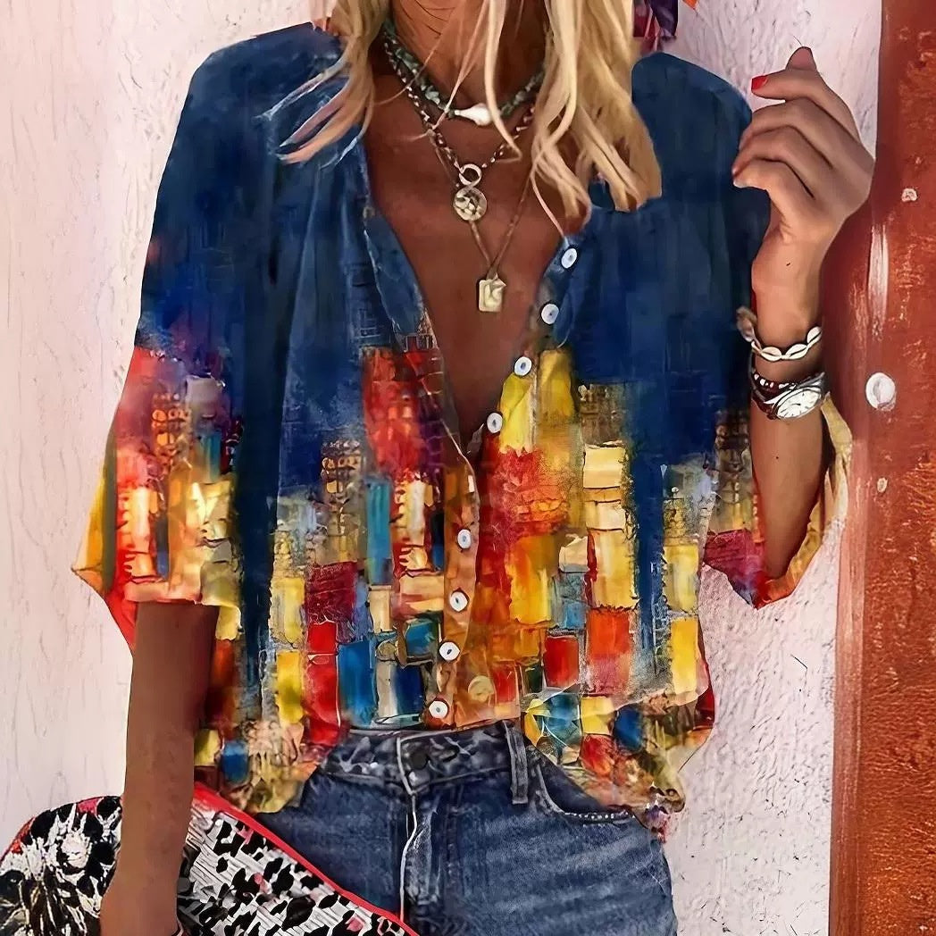 Sabrina - Mehrfarbige abstrakte Bluse mit Knopfleiste